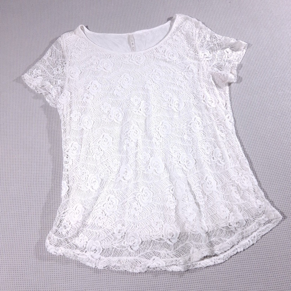 Leo & Nicole White Floral Lace Short Sleeve Fairy Coquette Blouse Top Womens LG
